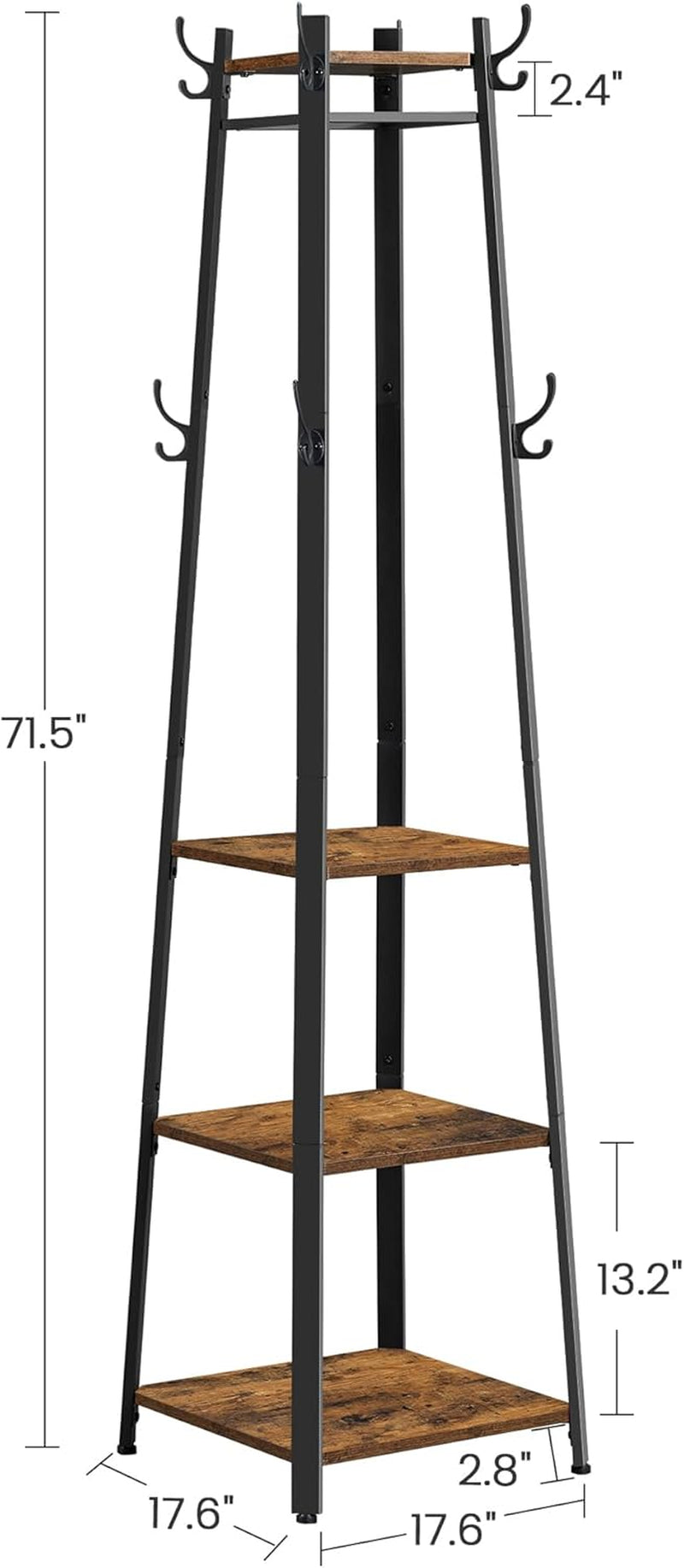 Coat Rack and Hall Tree with 3 Shelves and Hooks, Free Standing Steel Frame in Rustic Brown and Black, Industrial Style for Entryway and Living Room