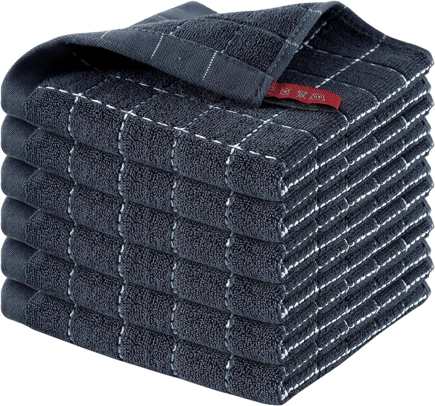 Ultra Soft 100% Cotton Terry Kitchen Dish Cloths - 6 Pack of Absorbent Dark Grey Towels, Perfect for Drying and Cleaning Dishes, 12 x 12 Inches