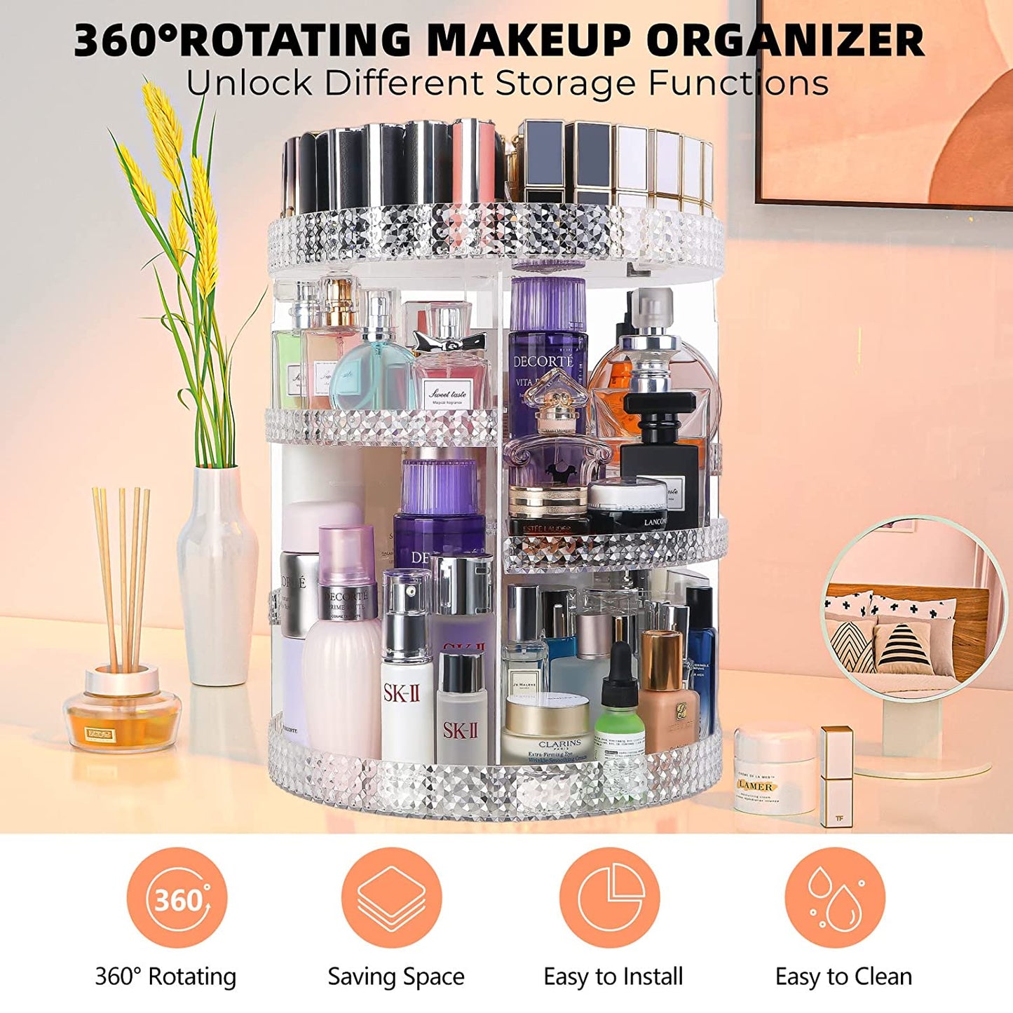 Revolutionize Your Beauty Routine with the 360° Rotating Extra Large Makeup Organizer - Perfect for Perfumes, Lipsticks, and More!