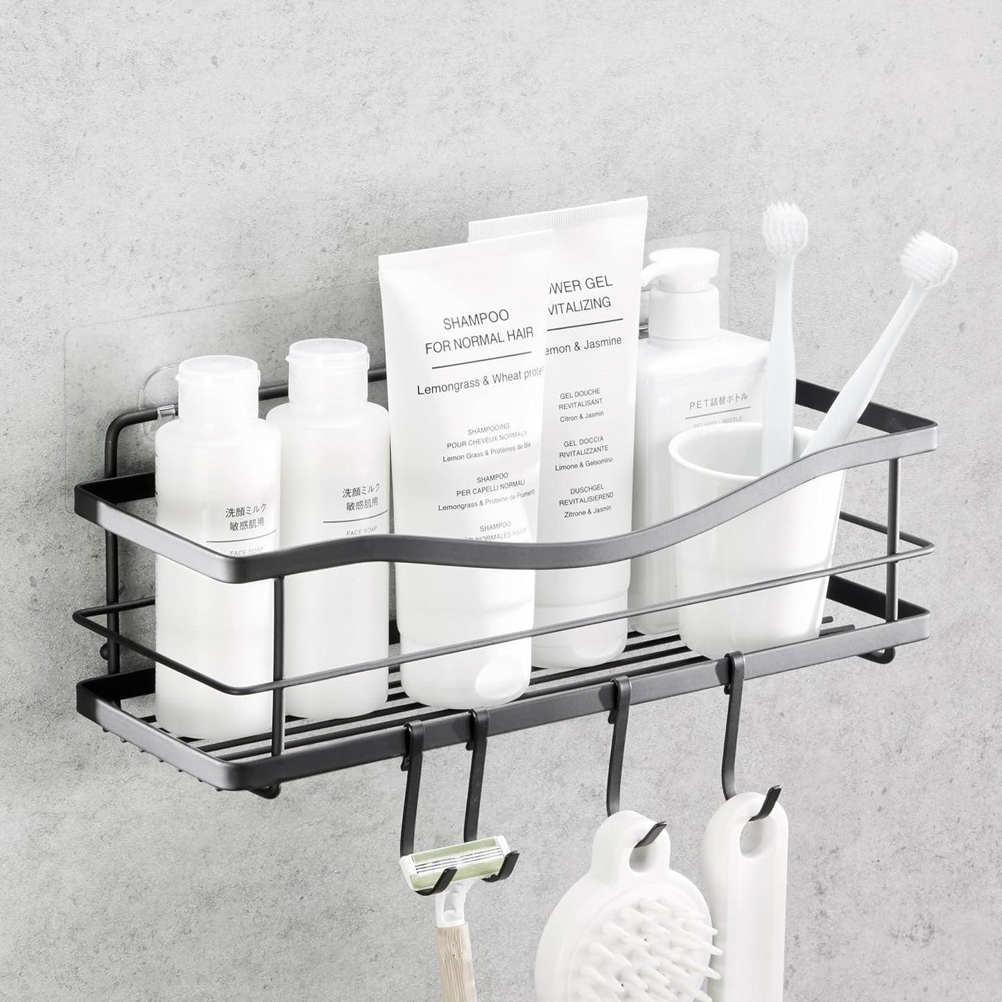 Elevate Your Shower Experience with Our Premium Rustproof Stainless Steel Shower Caddy - Easy Adhesive Installation, 4 Hooks Included, and Stylish Matte Black Design