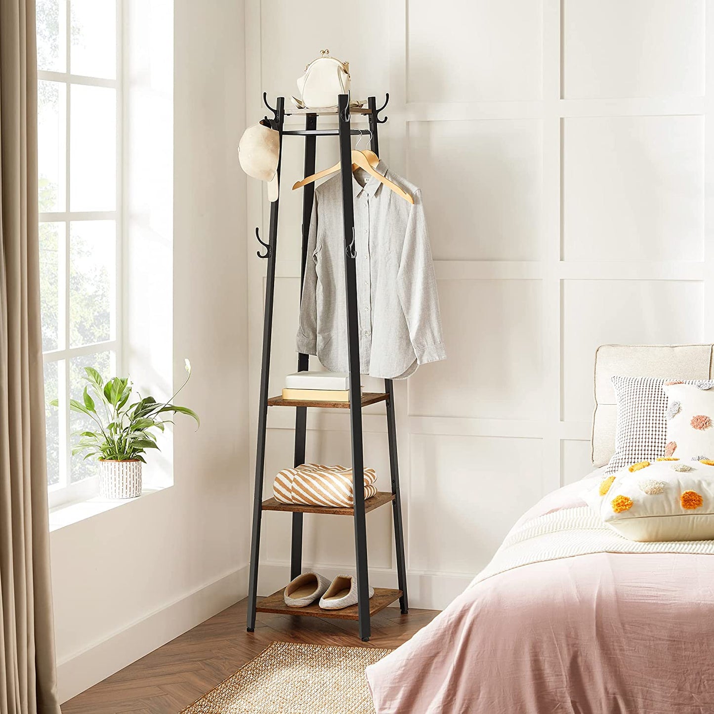 Coat Rack and Hall Tree with 3 Shelves and Hooks, Free Standing Steel Frame in Rustic Brown and Black, Industrial Style for Entryway and Living Room