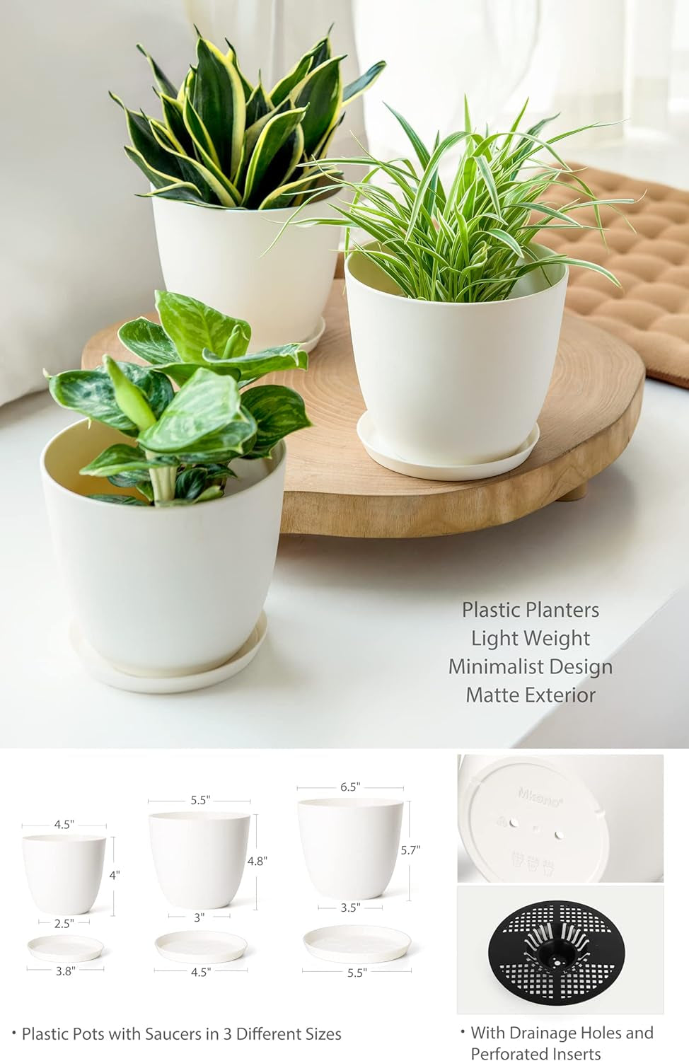 Set of 3 Macrame Plant Hangers with Pots - 35"/29"/23" Indoor Hanging Planter Baskets with Saucers and Hooks, Medium Size, Ivory (Plastic Pots Included)