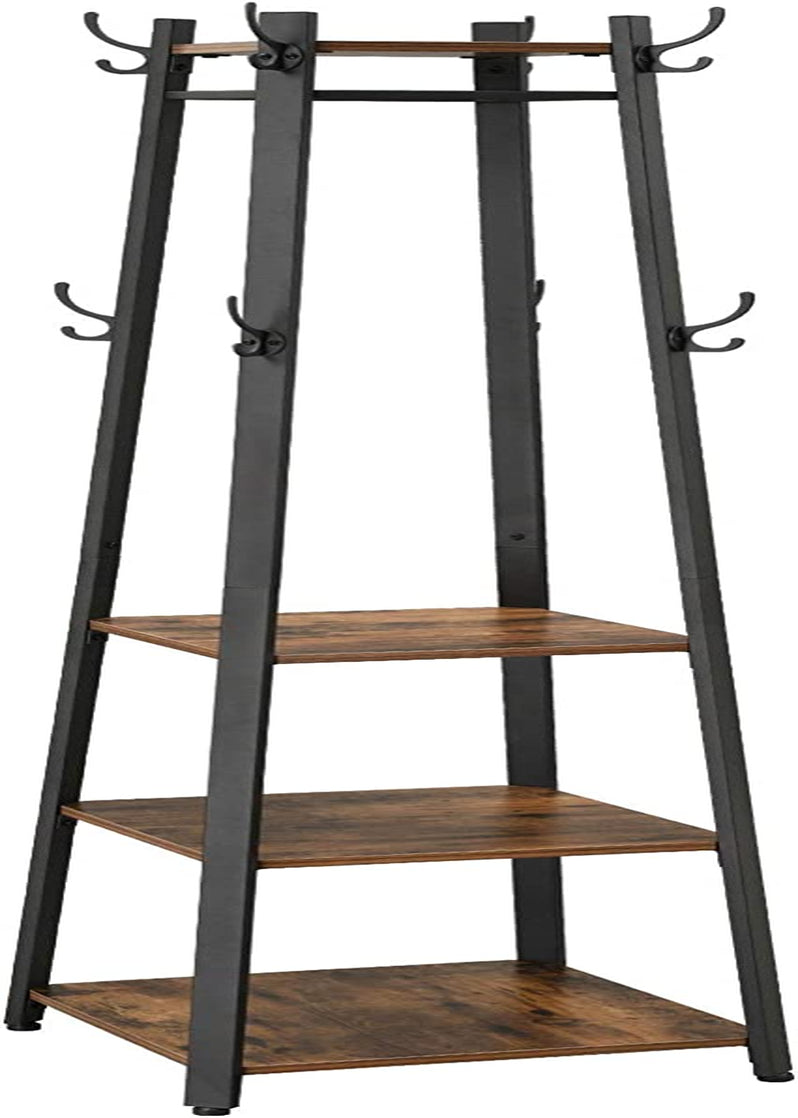 Coat Rack and Hall Tree with 3 Shelves and Hooks, Free Standing Steel Frame in Rustic Brown and Black, Industrial Style for Entryway and Living Room