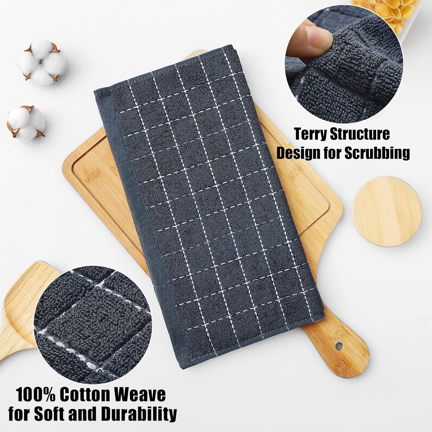 Ultra Soft 100% Cotton Terry Kitchen Dish Cloths - 6 Pack of Absorbent Dark Grey Towels, Perfect for Drying and Cleaning Dishes, 12 x 12 Inches