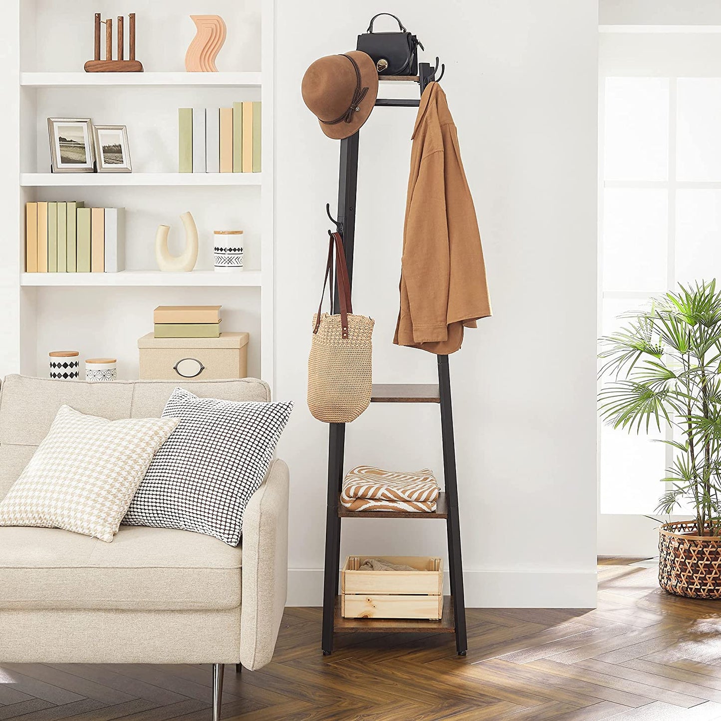 Coat Rack and Hall Tree with 3 Shelves and Hooks, Free Standing Steel Frame in Rustic Brown and Black, Industrial Style for Entryway and Living Room