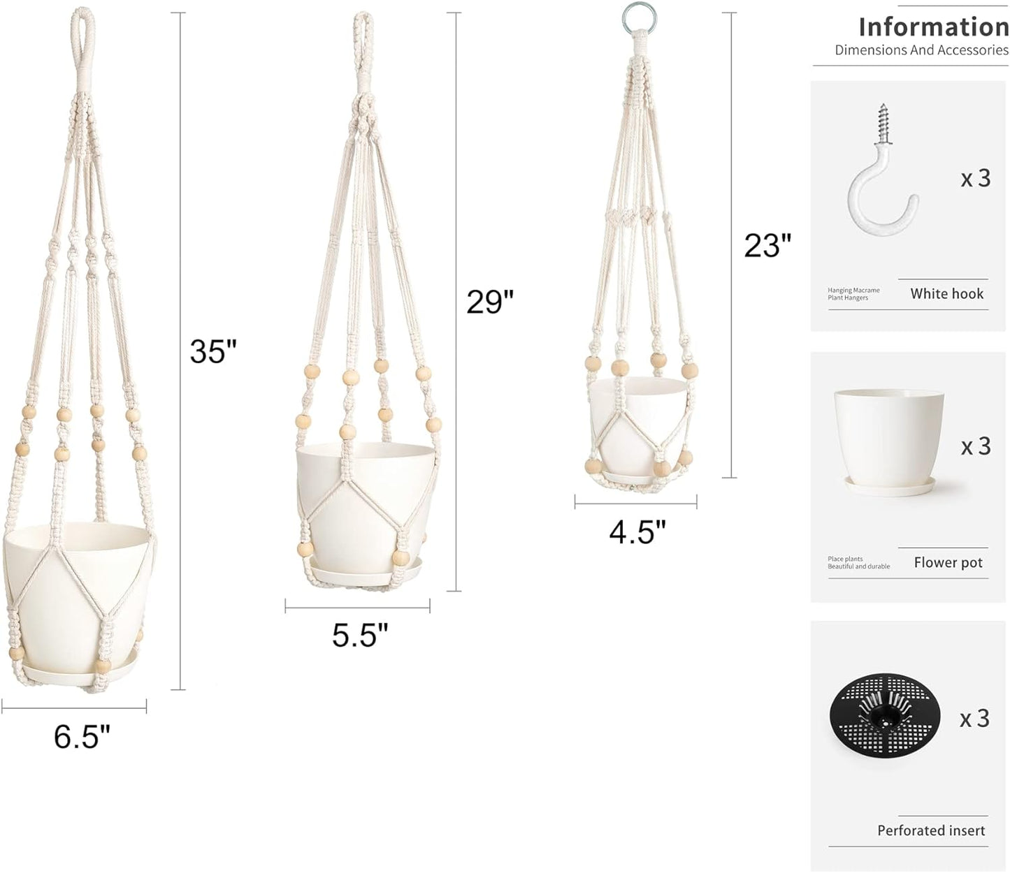 Set of 3 Macrame Plant Hangers with Pots - 35"/29"/23" Indoor Hanging Planter Baskets with Saucers and Hooks, Medium Size, Ivory (Plastic Pots Included)