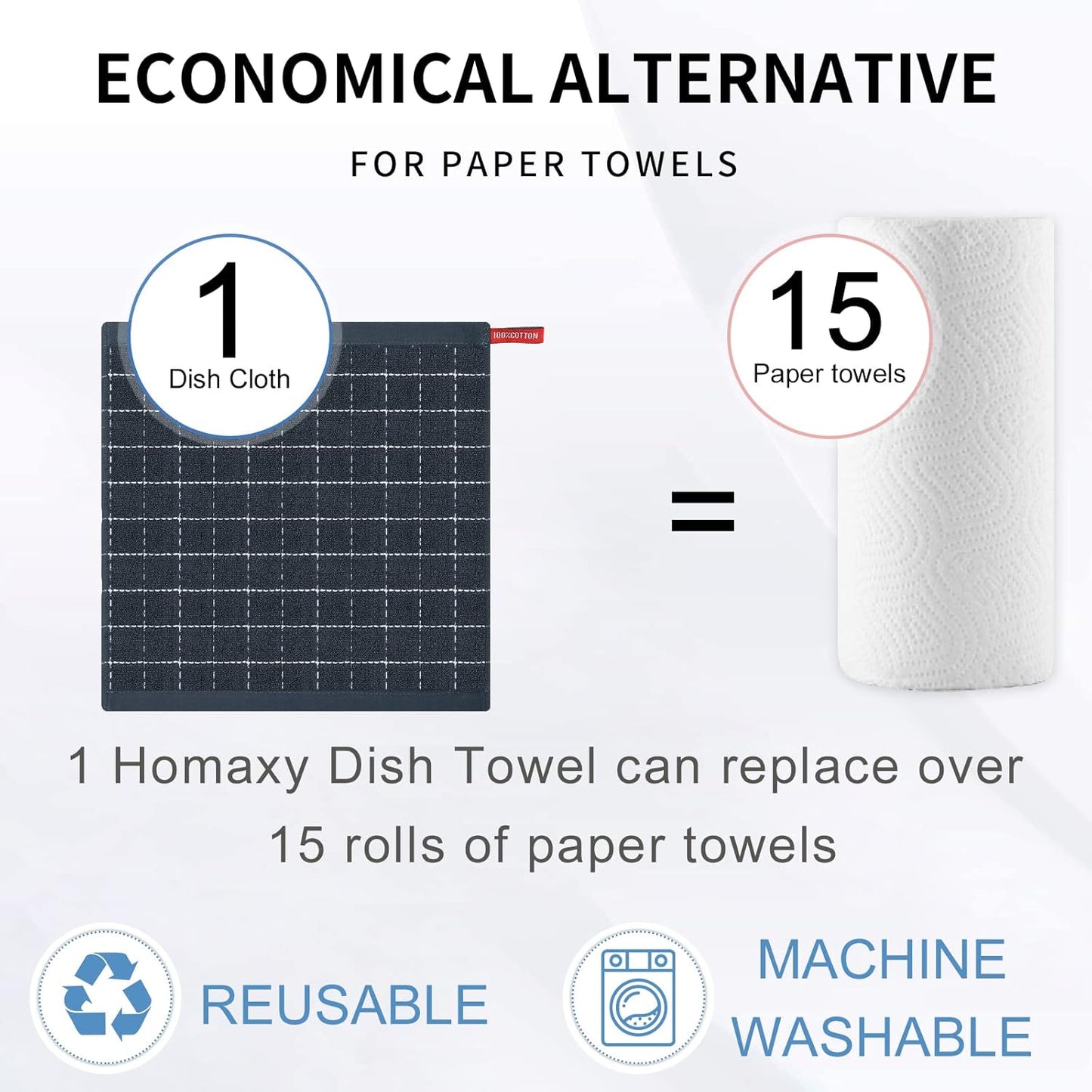 Ultra Soft 100% Cotton Terry Kitchen Dish Cloths - 6 Pack of Absorbent Dark Grey Towels, Perfect for Drying and Cleaning Dishes, 12 x 12 Inches