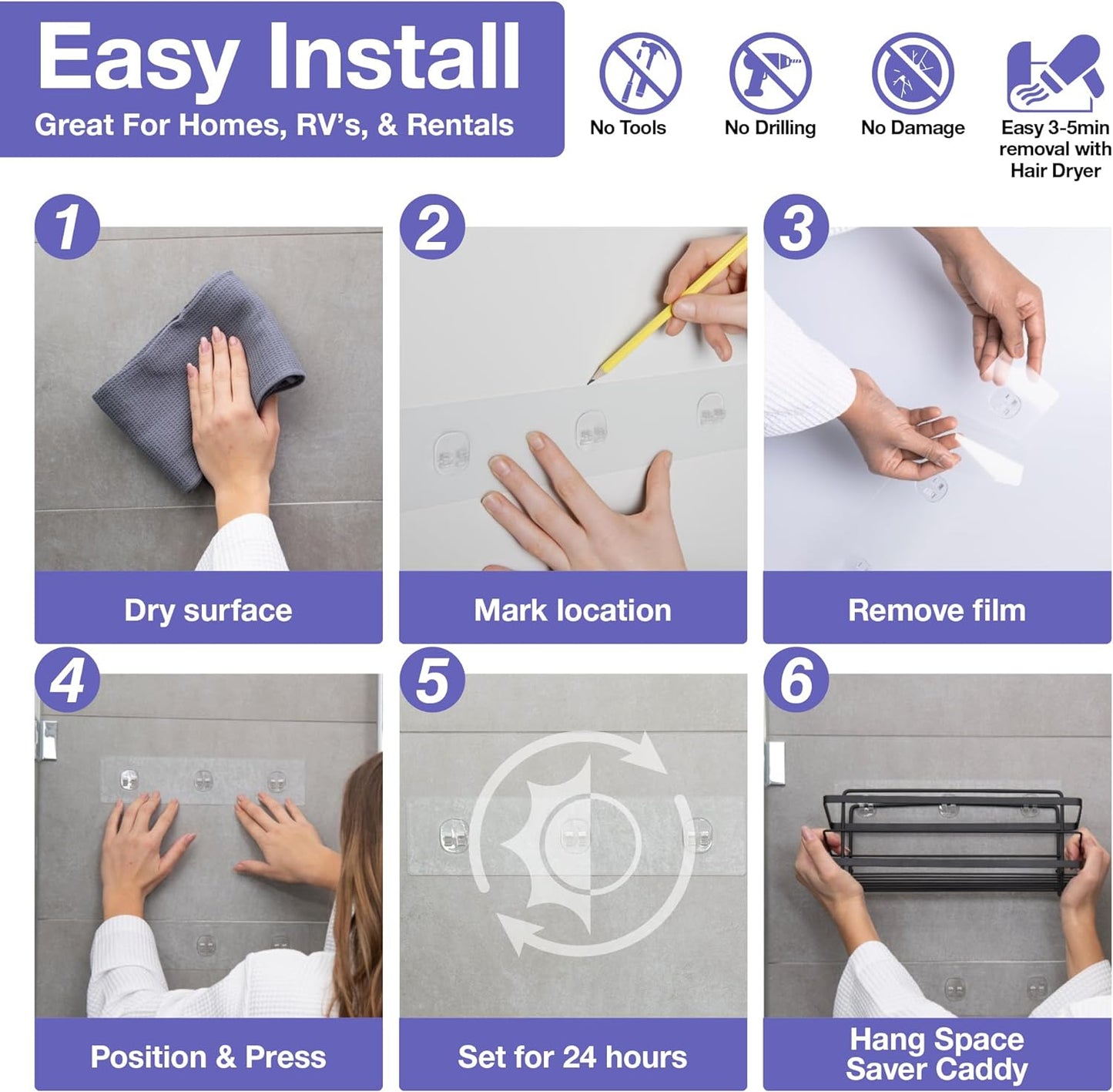 Elevate Your Shower Experience with Our Premium Rustproof Stainless Steel Shower Caddy - Easy Adhesive Installation, 4 Hooks Included, and Stylish Matte Black Design