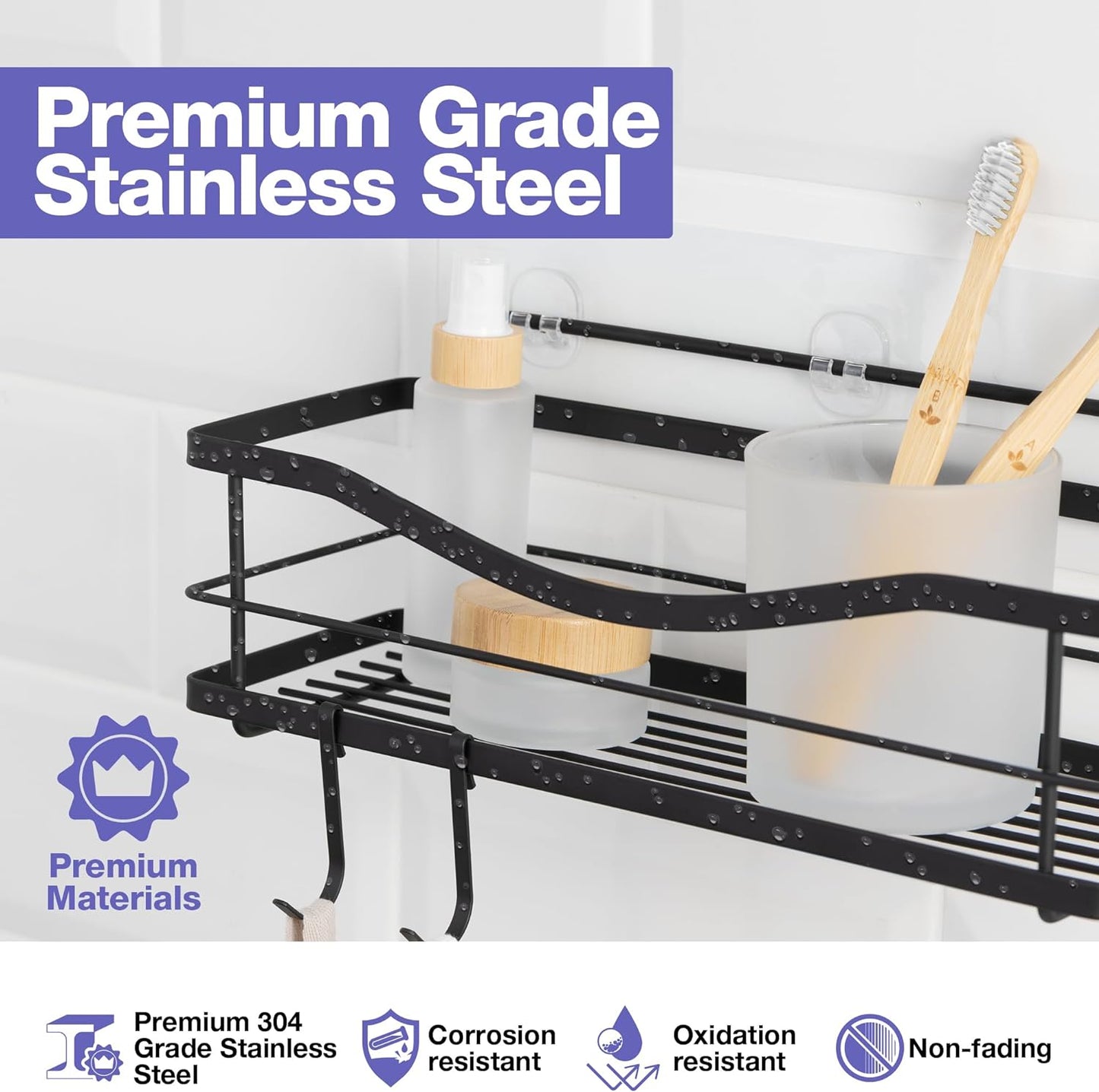 Elevate Your Shower Experience with Our Premium Rustproof Stainless Steel Shower Caddy - Easy Adhesive Installation, 4 Hooks Included, and Stylish Matte Black Design
