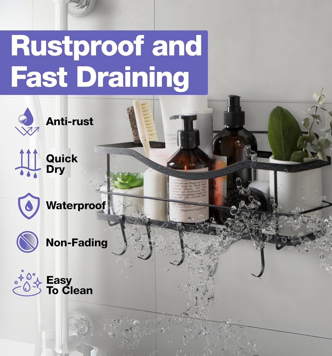 Elevate Your Shower Experience with Our Premium Rustproof Stainless Steel Shower Caddy - Easy Adhesive Installation, 4 Hooks Included, and Stylish Matte Black Design