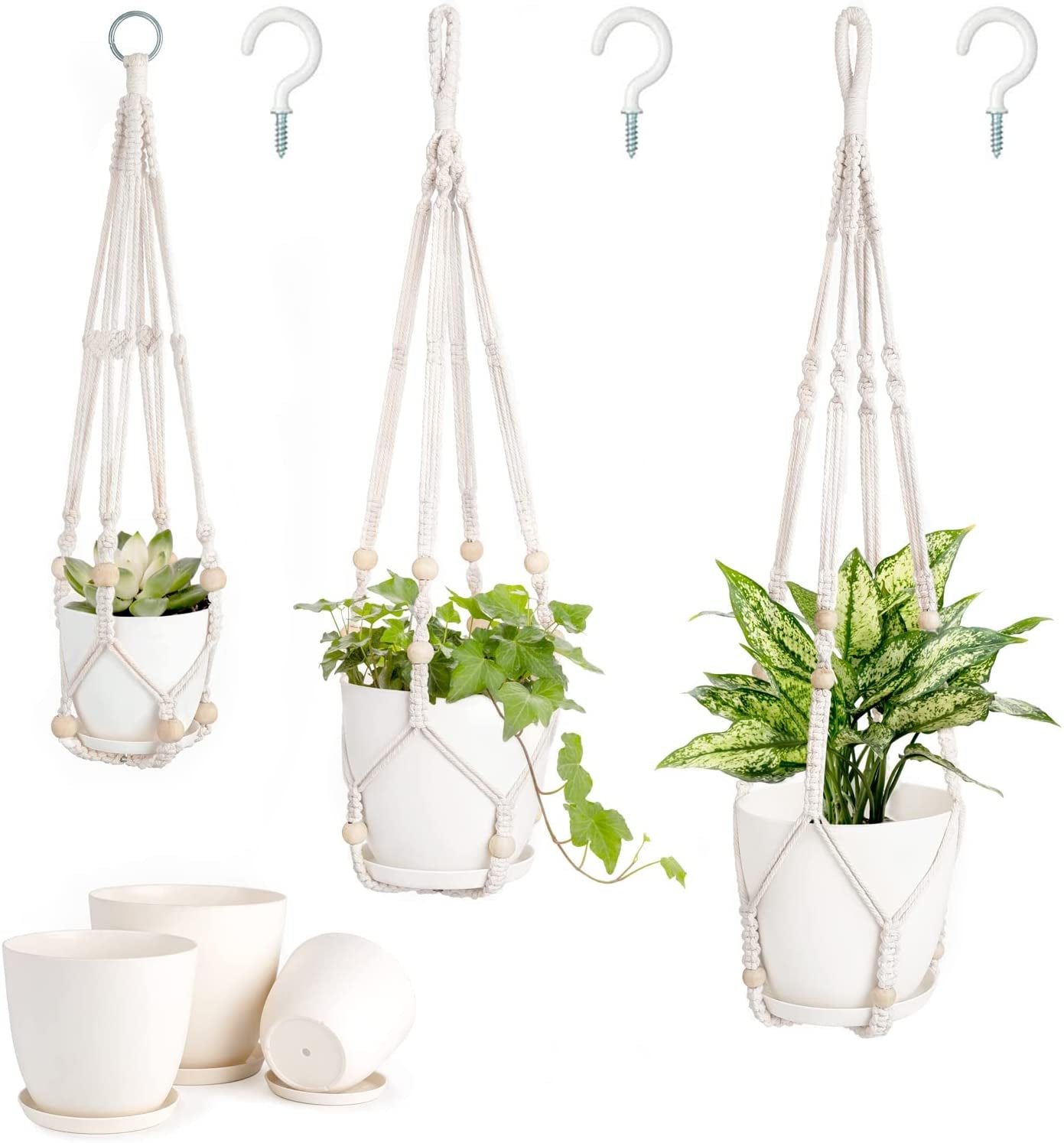 Set of 3 Macrame Plant Hangers with Pots - 35"/29"/23" Indoor Hanging Planter Baskets with Saucers and Hooks, Medium Size, Ivory (Plastic Pots Included)
