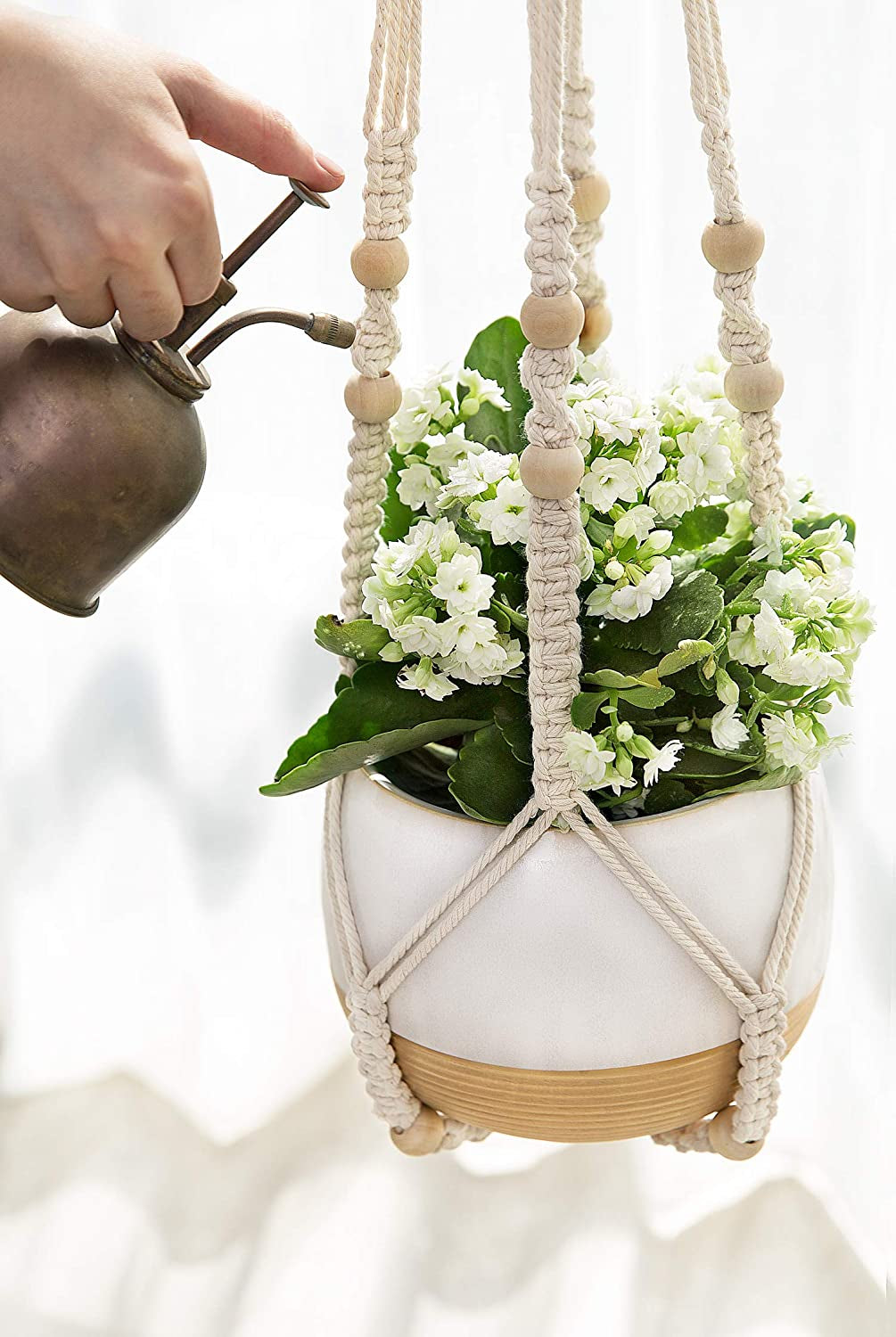 Set of 3 Macrame Plant Hangers with Pots - 35"/29"/23" Indoor Hanging Planter Baskets with Saucers and Hooks, Medium Size, Ivory (Plastic Pots Included)