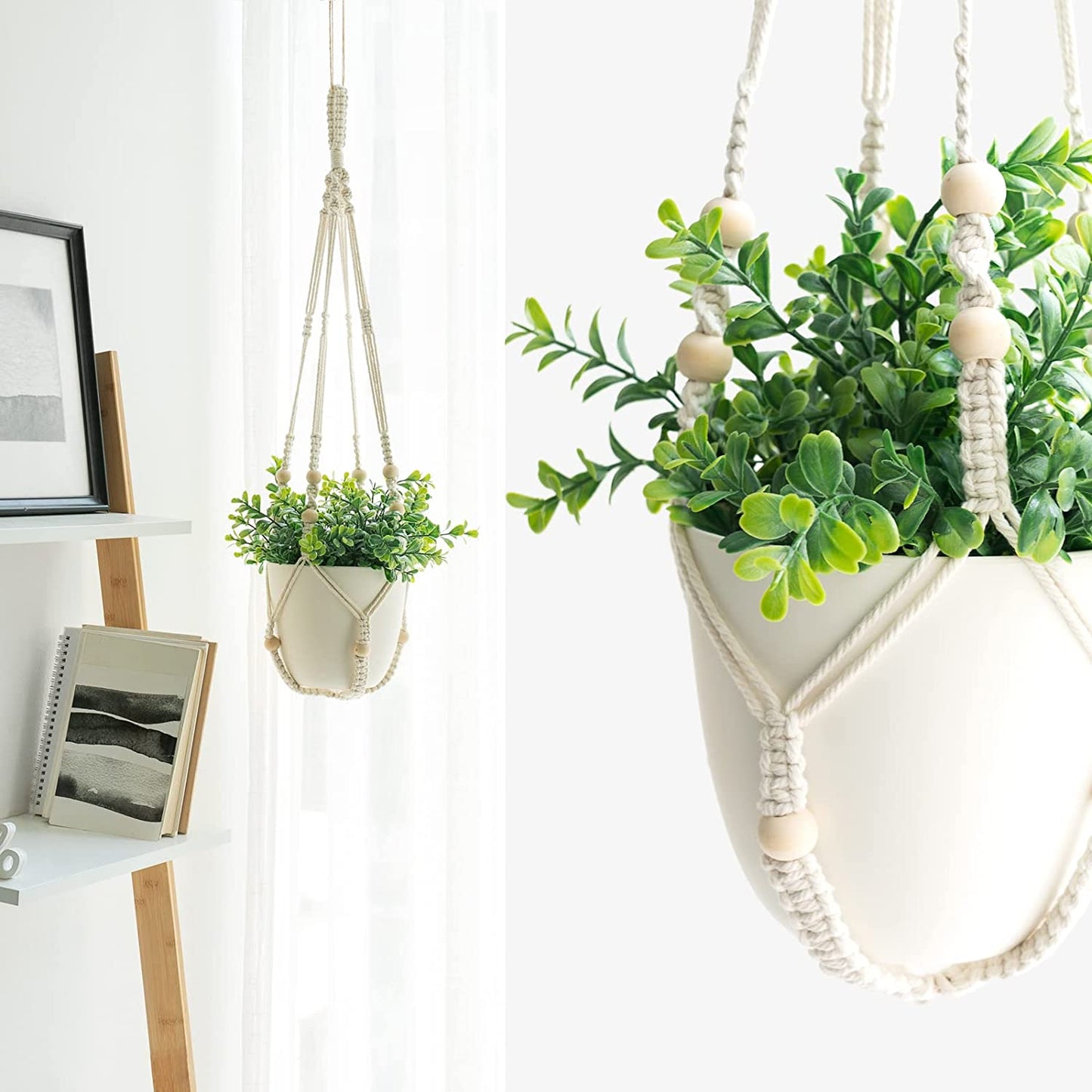 Set of 3 Macrame Plant Hangers with Pots - 35"/29"/23" Indoor Hanging Planter Baskets with Saucers and Hooks, Medium Size, Ivory (Plastic Pots Included)