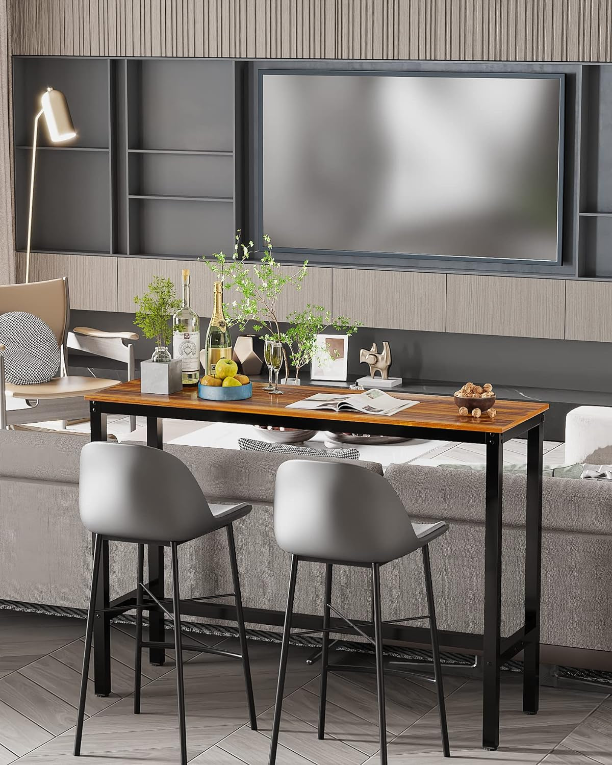 Stylish Rectangular Bar Table with Sturdy Metal Frame - Perfect for Dining, Socializing, and Home Decor (47.24", Teak)