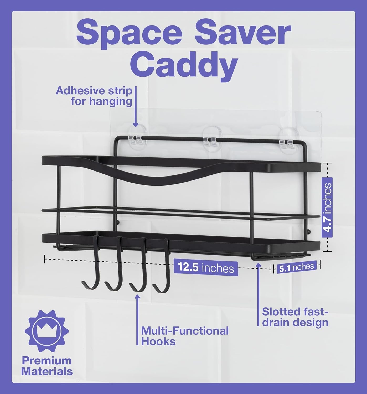 Elevate Your Shower Experience with Our Premium Rustproof Stainless Steel Shower Caddy - Easy Adhesive Installation, 4 Hooks Included, and Stylish Matte Black Design