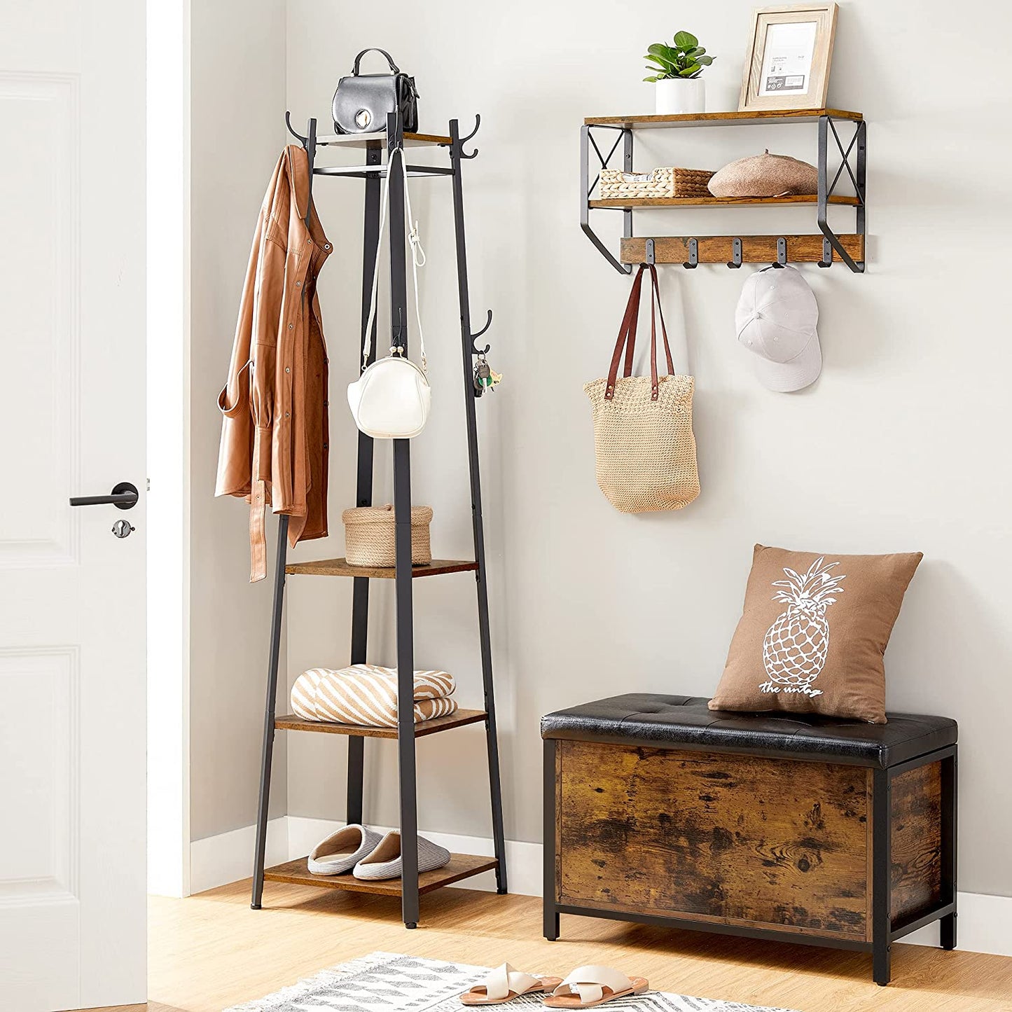 Coat Rack and Hall Tree with 3 Shelves and Hooks, Free Standing Steel Frame in Rustic Brown and Black, Industrial Style for Entryway and Living Room
