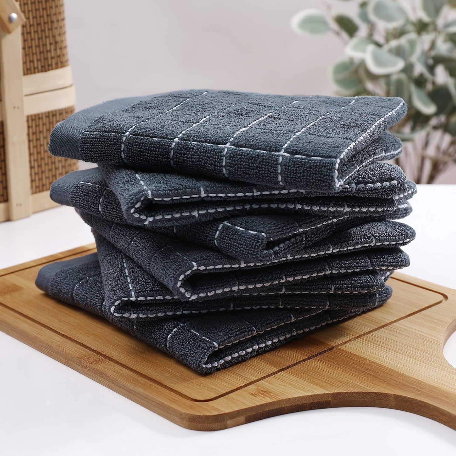 Ultra Soft 100% Cotton Terry Kitchen Dish Cloths - 6 Pack of Absorbent Dark Grey Towels, Perfect for Drying and Cleaning Dishes, 12 x 12 Inches